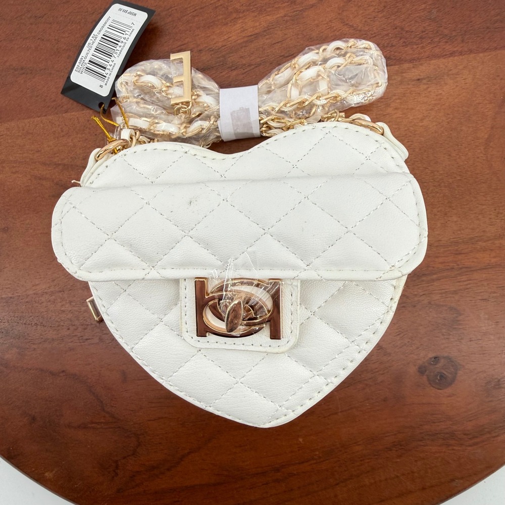 Bebe Solana Quilted Heart Crossbody Bag Womens White Gold Chain Strap NWT